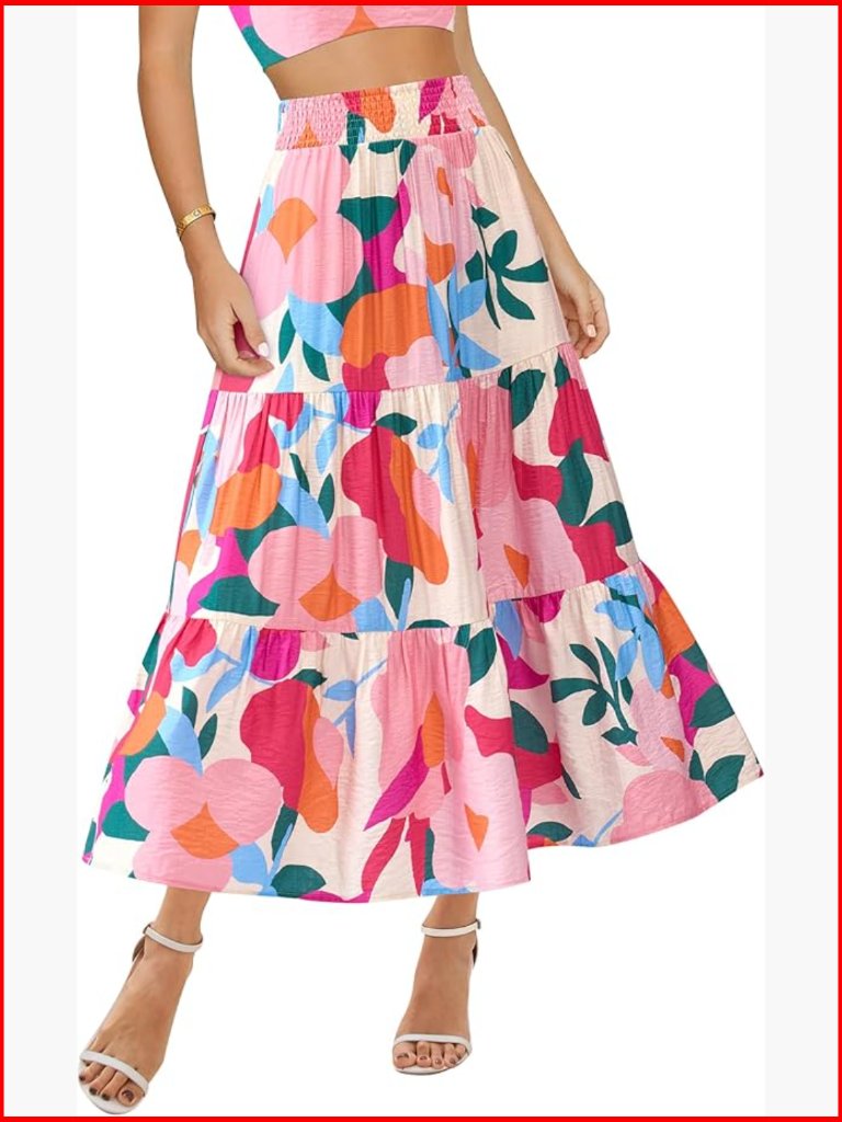 Floral Print Maxi Skirt With Pockets, Elastic Waist, A-Line Boho Style